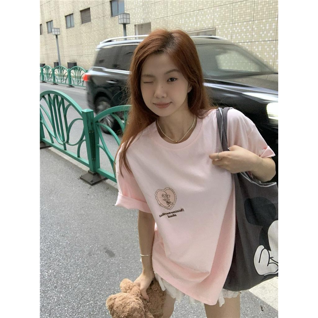 Áo Thun Dáng Rộng Ngắn Tay Thêu Hình Trái Tim Phong Cách Hàn Quốc 64244