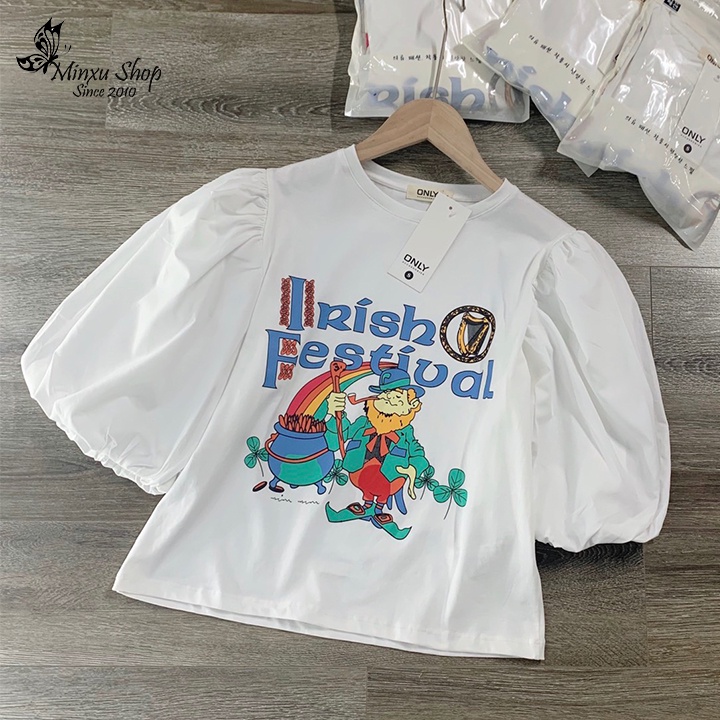 Áo thun trắng ONLY  nữ tay ngắn vai bồng sang chảnh tiểu thư, mùa hè thời trang đường phố hàn quốc Minxu shop OC07