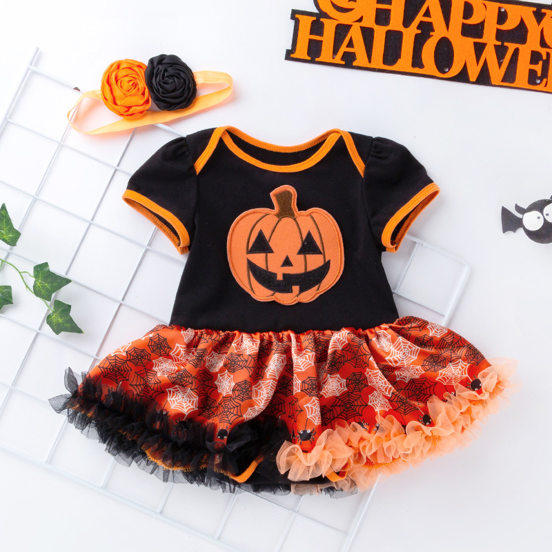 Bộ Trang Phục Hóa Trang Halloween Gồm Đầm Và Băng Cài Đầu Họa Tiết Bí Ngô Hoạt Hình Cho Bé Gái 0-2 Tuổi