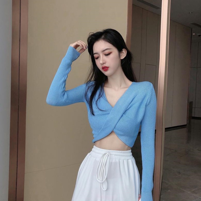 Áo Len Tay Dài Cổ Chữ V Màu Sắc Đơn Giản Phong Cách Retro Cho Nữ