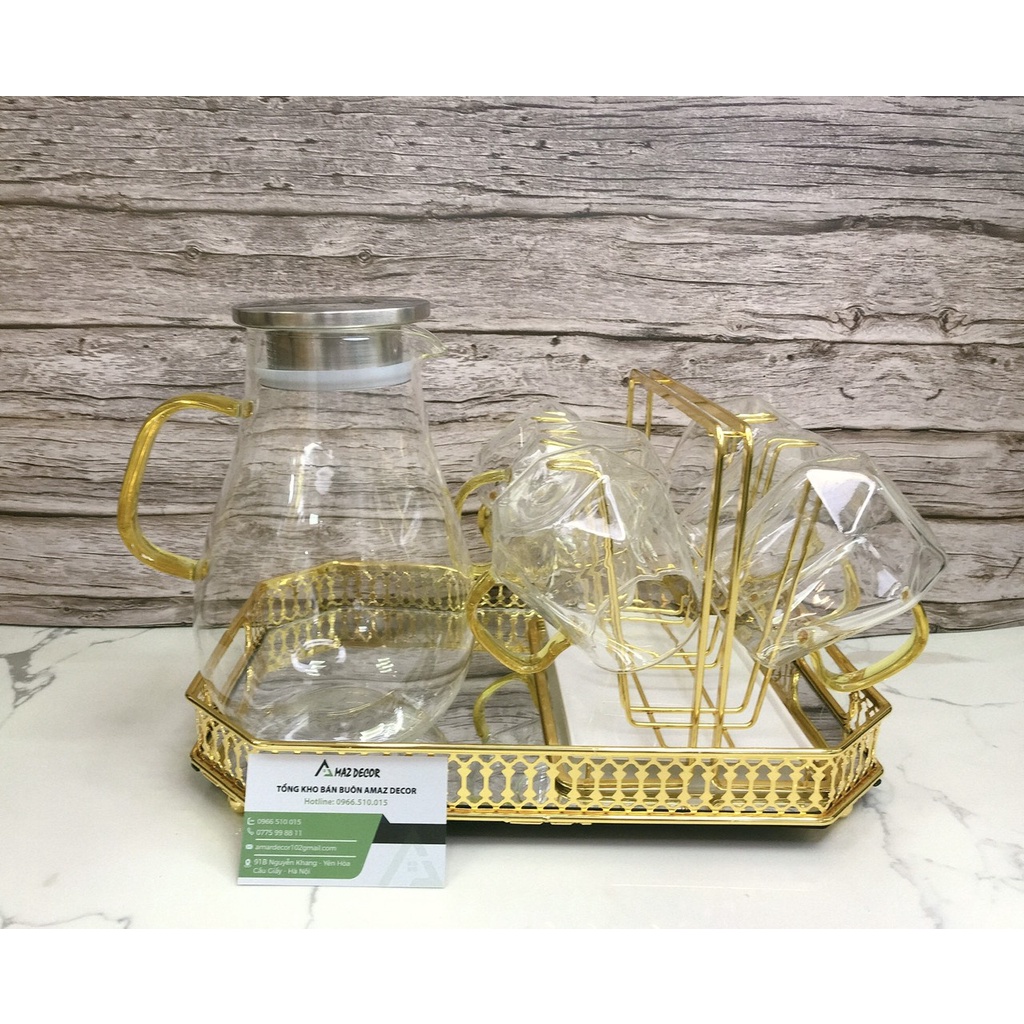 Bộ bình 6 cốc thủy tinh pha trà deox chịu nhiệt cao trong suốt bầu khía quai vàng kiểu dáng sang trọng cao cấp