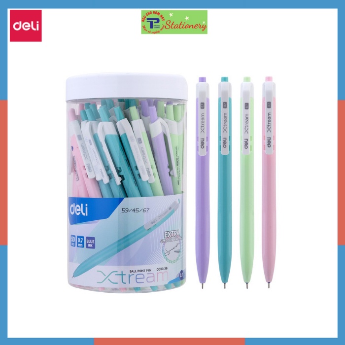 Bút bi bấm văn phòng mực xanh ngòi 0.7mm Deli giá rẻ viết nét đều trơn tru phù hợp cho học sinh 3336