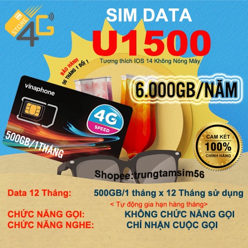 Sim Vina U1500 Miễn Phí 6000GB 12 tháng, MAX Băng Thông