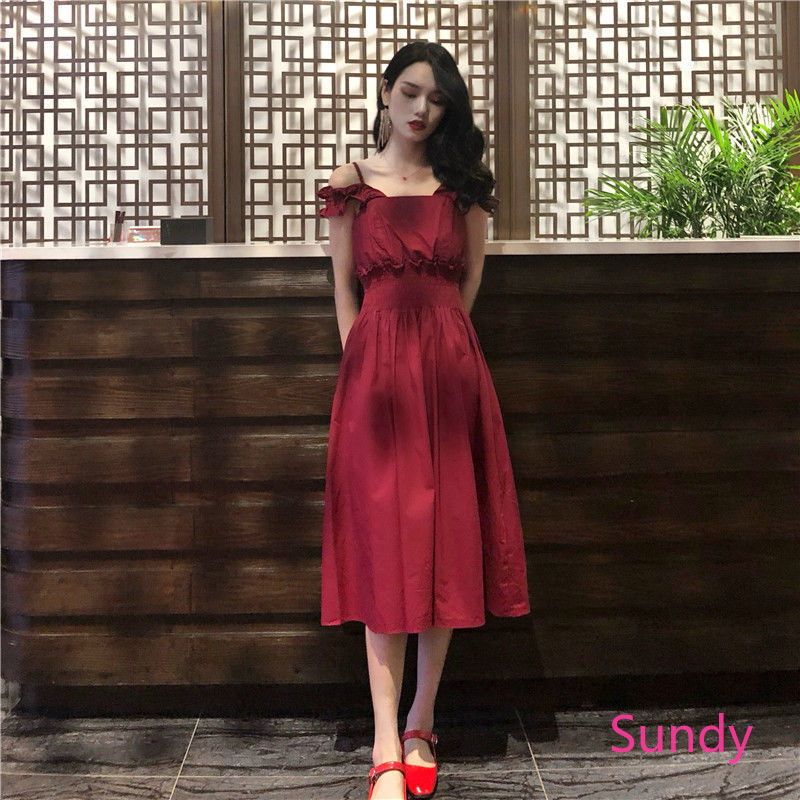 Đầm hai dây cổ vuông phong cách retro hàn quốc cho nữ
