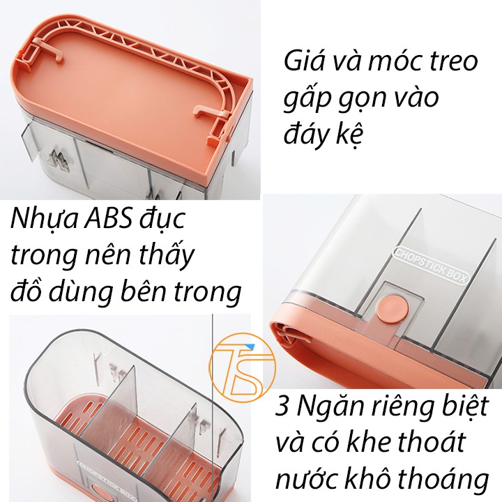 Kệ Đựng Muỗng Đũa Thìa Dán Tường CB03 Có Khay Hứng Nước Kèm 2 Móc Treo Và Giá Treo Khăn - Hộp Để Đũa Thìa Trên Bàn