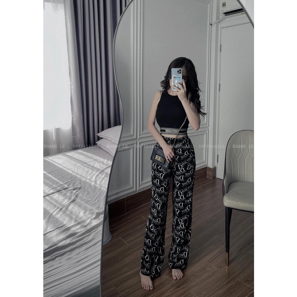 Set bộ croptop bo dệt chữ quần ống rộng họa tiết chữ DN100