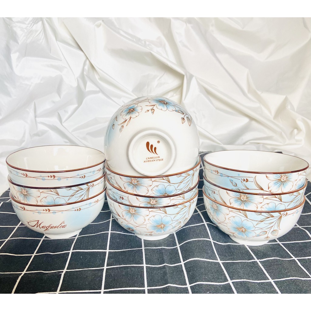 [HÀNG CAO CẤP] Bộ 10 chén ăn cơm sứ cao cấp, họa tiết hoa 3d, miệng bát kẻ chỉ màu, set 10 bát ăn cơm- gốm sứ Camellia