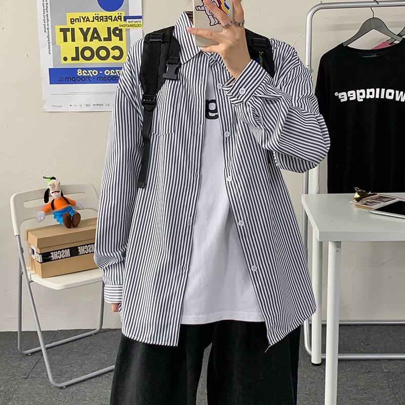 Áo Sơ Mi Tay Dài Thiết Kế Dáng Rộng Họa Tiết Kẻ Sọc Phong Cách Hàn Quốc Thời Trang Xuân Hè Cho Nam