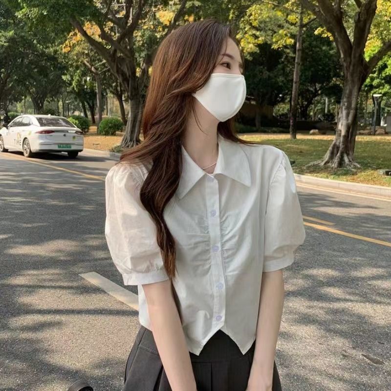 Áo Sơ Mi Trắng Tay Ngắn Phồng Xếp Ly Cổ POLO Thời Trang Mùa Hè Hàng Mới Dành Cho Bạn Nữ