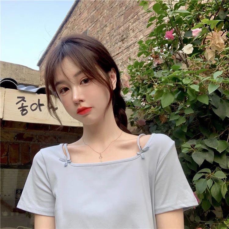 Áo Thun Ngắn Tay Cổ Vuông Đính Nơ Thời Trang Mùa Hè 2022 Phong Cách Hàn Quốc Cho Nữ