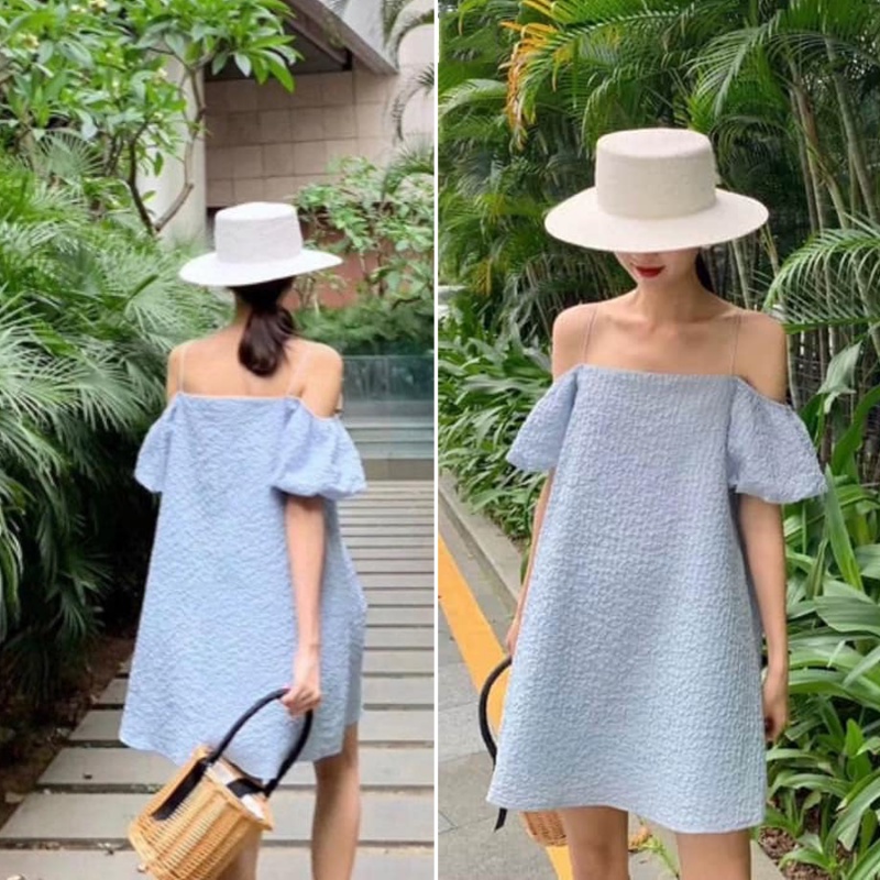Đầm babydoll đầm 2 dây dáng suông tay phồng freesize màu xanh trắng vàng
