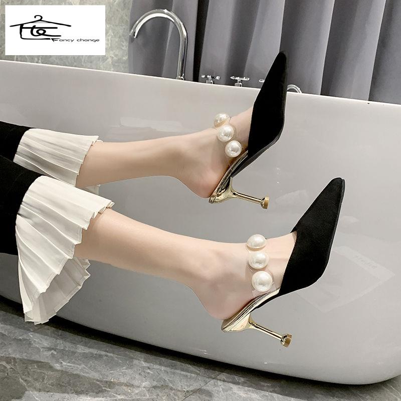 Dép Sandal Cao Gót Mũi Nhọn Phối Dây Ngọc Trai Thời Trang Mùa Hè Dành Cho Nữ