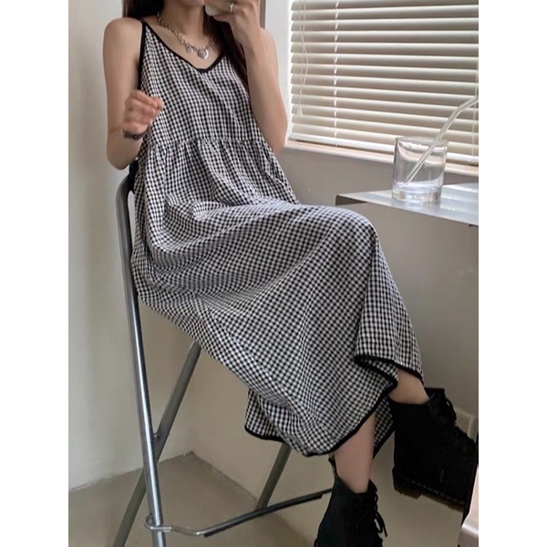 Đầm Nữ Cổ Chữ V Eo Thắt Dây Sọc Caro Thời Trang Nữ