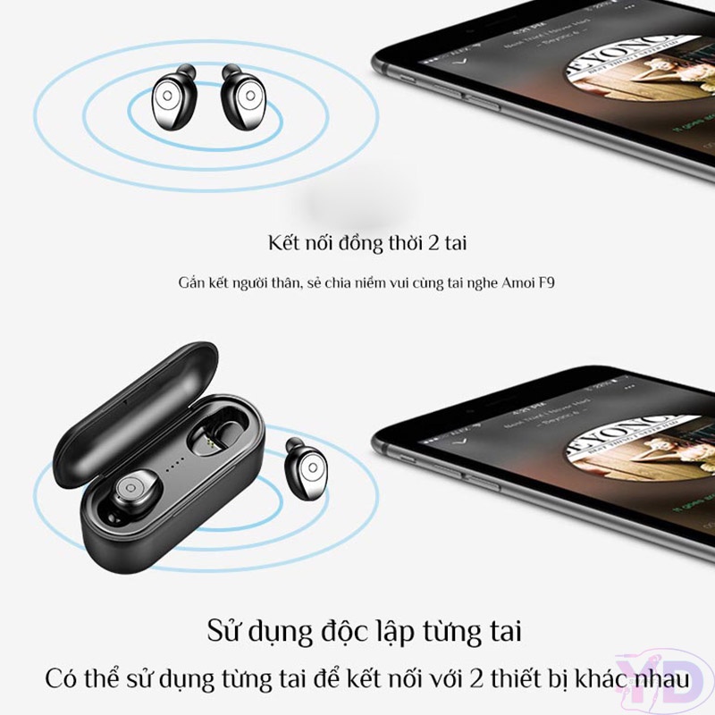 Tai nghe Bluetooth AMOI F9 BTH F9-5 bản 2022 không dây cảm ứng chống nước IPX5, chống ồn tích hợp sạc dự phòng 3000mAh