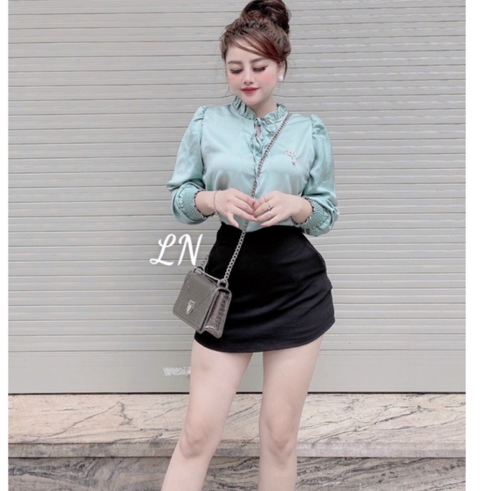 Áo sơ mi lụa cổ bèo cài mác đá nhiều màu