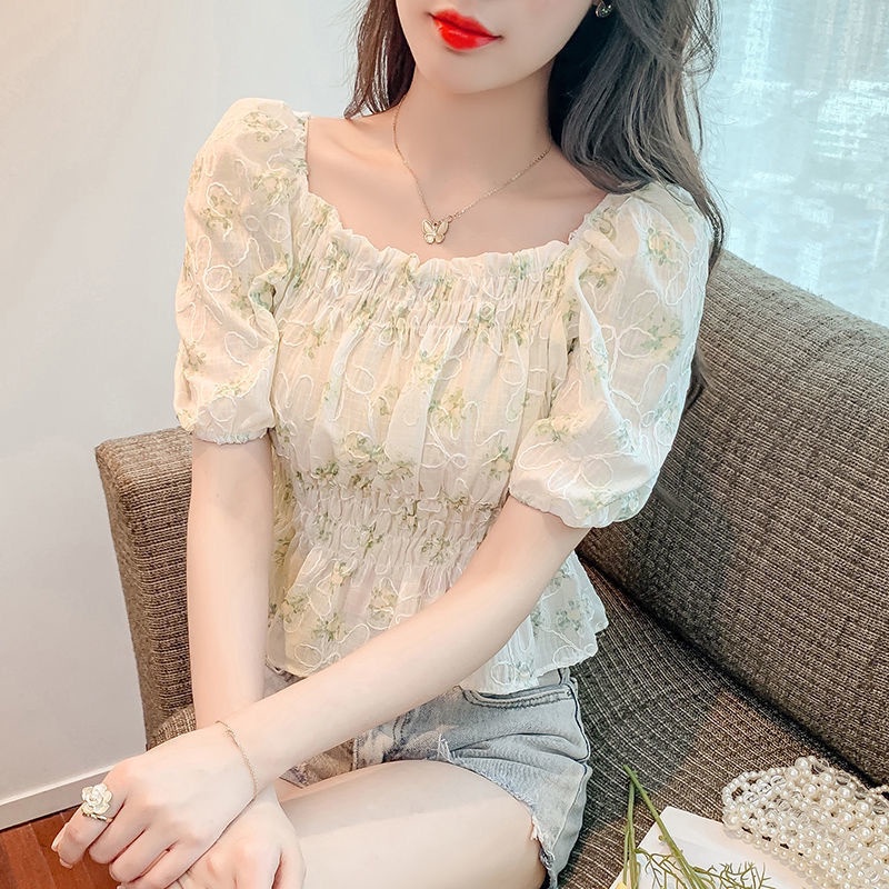 Áo Voan Tay Ngắn Cổ Vuông Xếp Ly Ôm Eo Phong Cách Phương Tây Mẫu Mới 2022 Thời Trang Cho Nữ