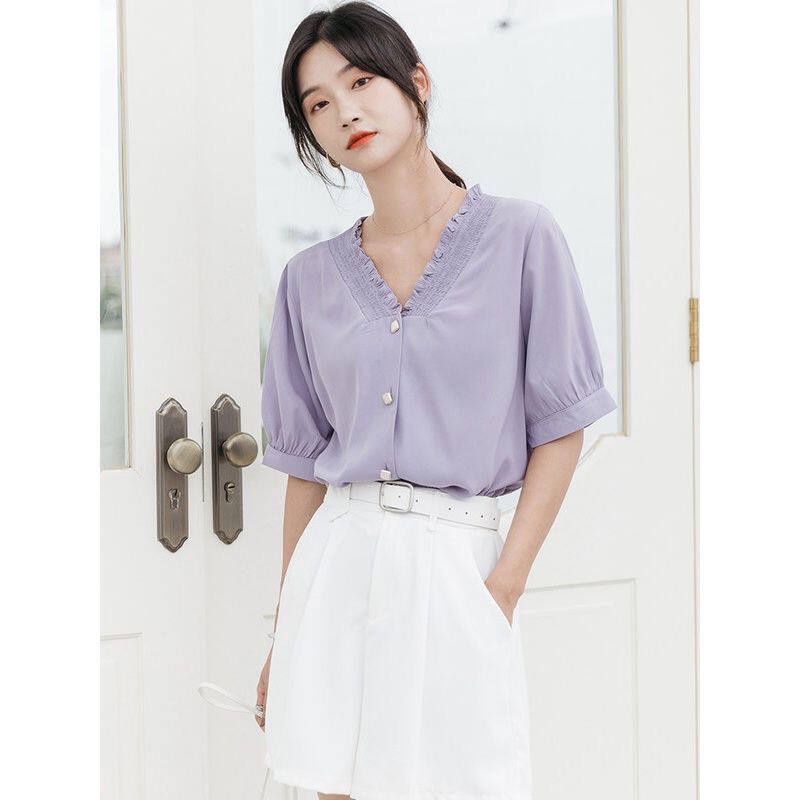 Áo Sơ Mi Voan Cổ Chữ V In Họa Tiết Hoa Oải Hương Phong Cách retro Pháp Dành Cho Nữ