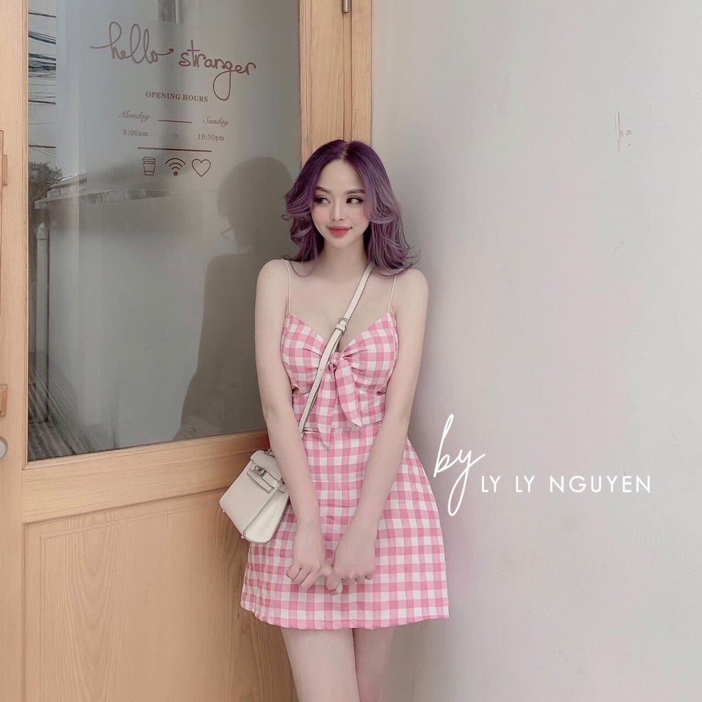 Đầm kate họa tiết caro hai dây thắt nơ trước ngực sexy TTSA0315