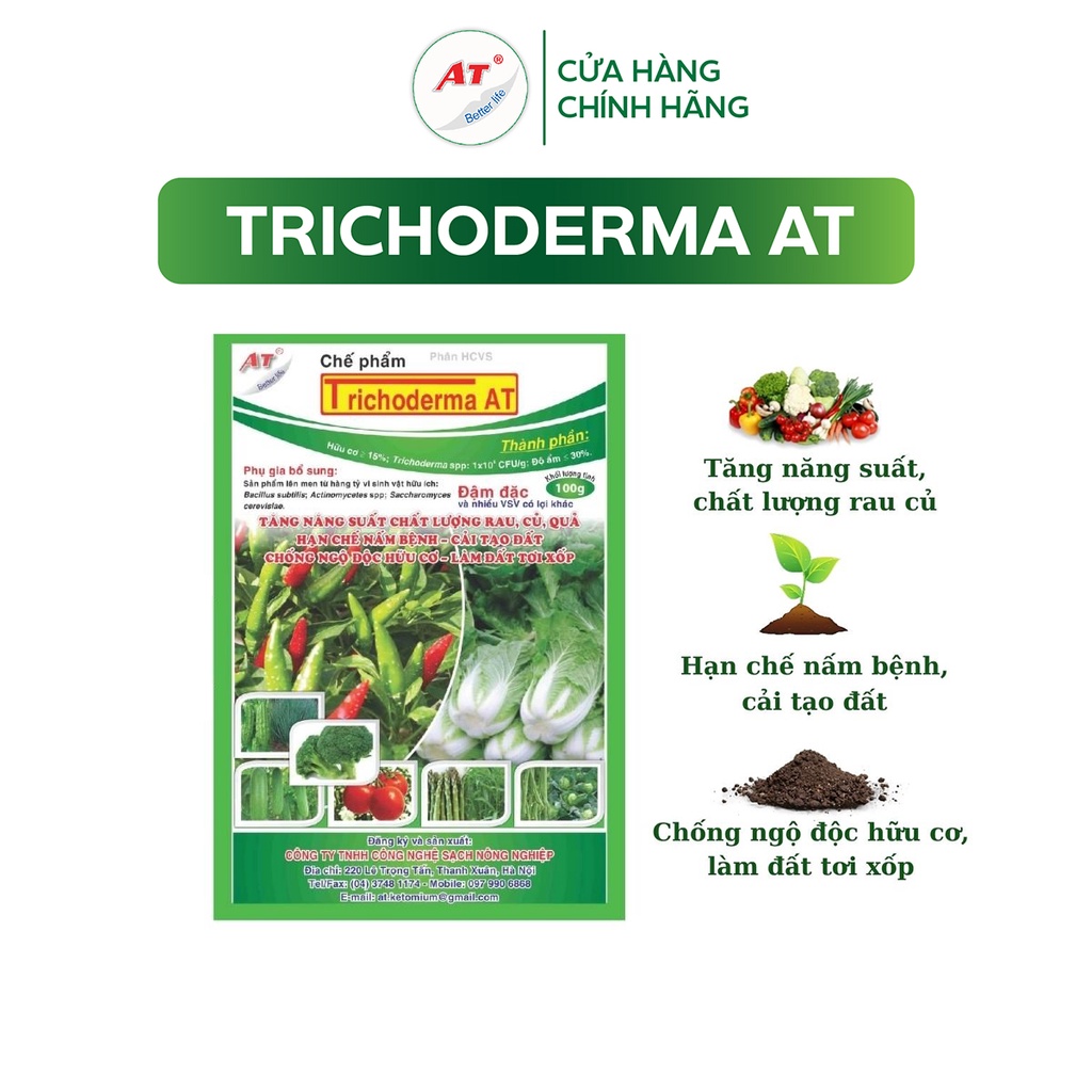 Nấm đối kháng Trichoderma AT nuôi dưỡng rau sạch chống ngộ độc hữu cơ cải tạo đất trồng, dạng bột đậm đặc không pha trộn