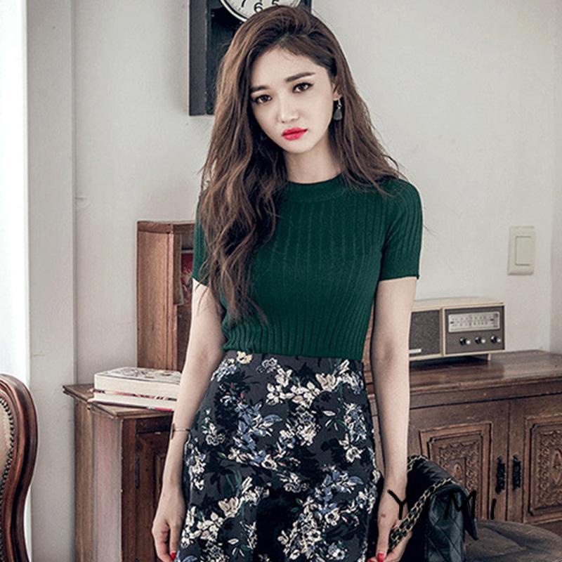 Áo thun dệt kim cổ lọ dáng ôm màu trơn thời trang cho nữ , áo thun nữ tay ngắn áo mùa hè áo dệt kim tay ngắn