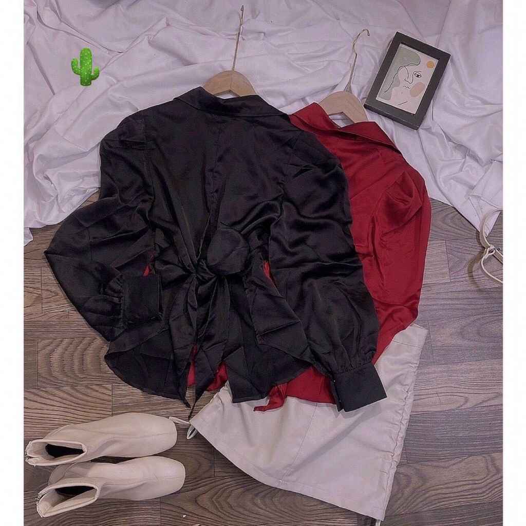 áo sơ mi tiểu thư phi lụa nơ sau phối nút