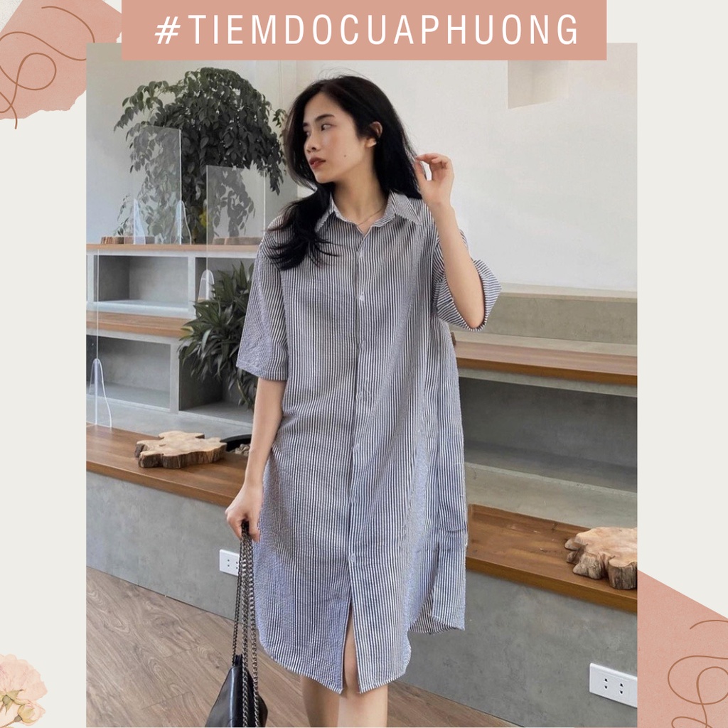 Váy/Đầm sơ mi đũi xốp form rộng kẻ sọc
