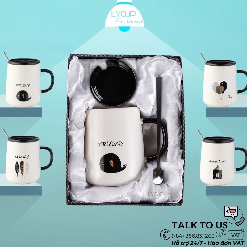 Ly cốc sứ cao cấp có nắp và thìa họa tiết Tây Âu dung tích 420ml