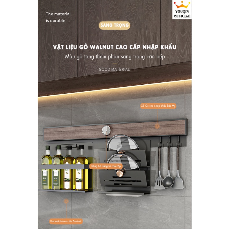 Giá Móc Treo Đồ Nhà Bếp - YouQin Chất Liệu Gỗ Walnut , Dán Keo Siêu Chắc, Không Khoan Đục