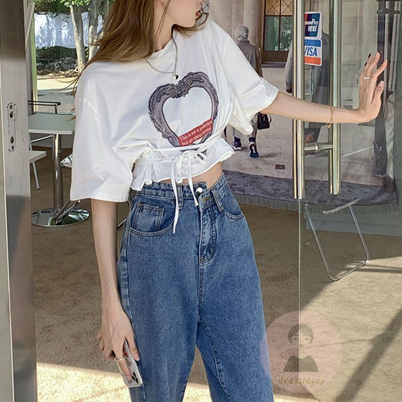 Áo Thun Ngắn Tay Cổ Tròn In Họa Tiết Trái Tim Thời Trang Mùa Hè Cho Nữ