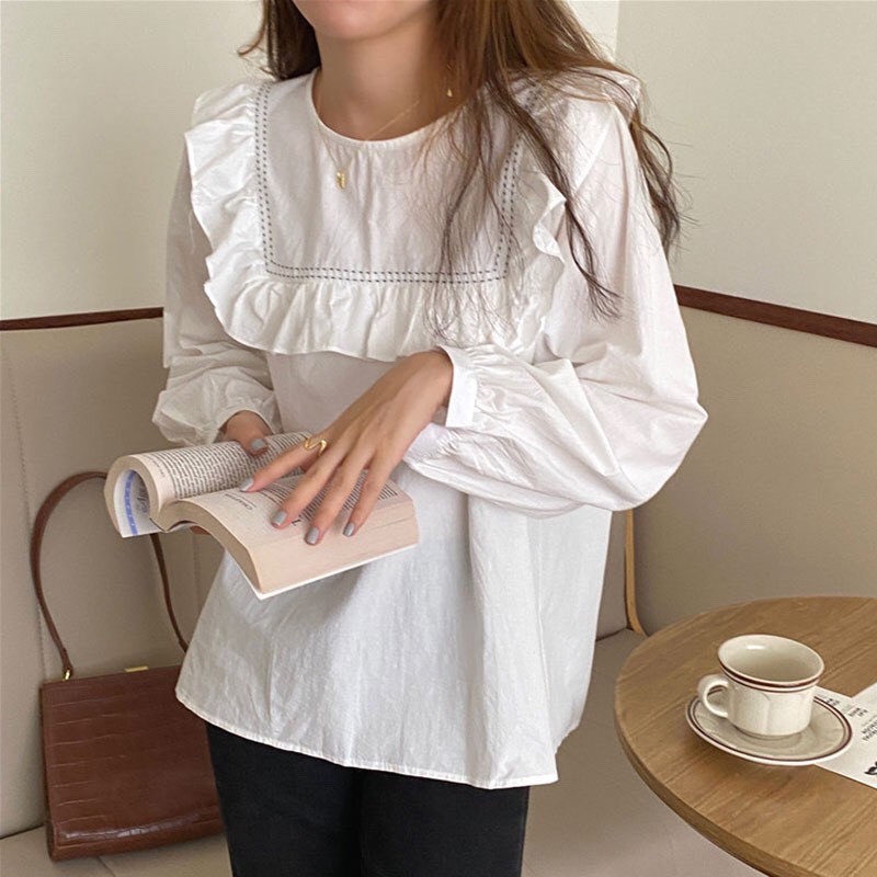 Áo sơ mi kiểu trắng nữ form rộng lụa tay phồng hàn quốc đẹp dài tay họa tiết không cổ ulzzang vintage truehastore SM10 | BigBuy360 - bigbuy360.vn