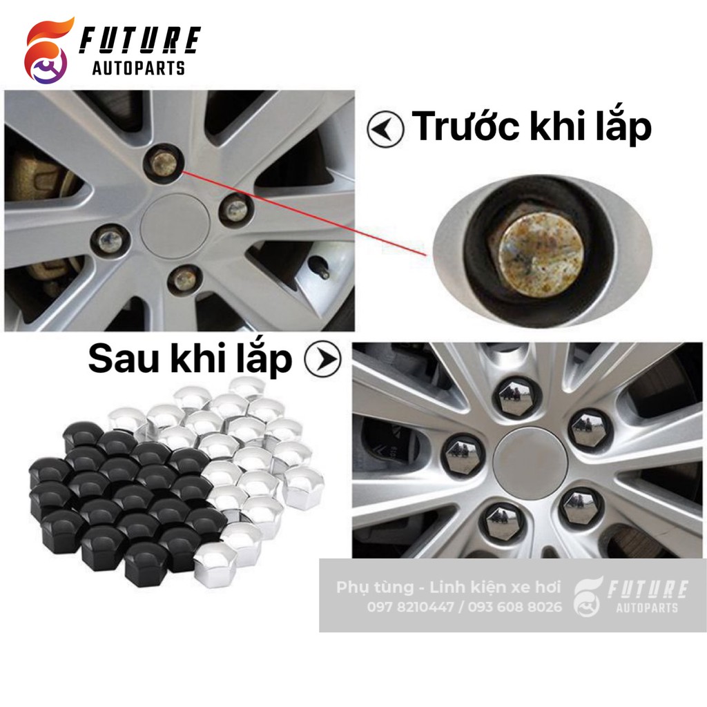 Bộ nắp chụp đầu ốc bánh xe size 21mm bằng nhựa kèm kẹp tháo lắp - Future Autoparts