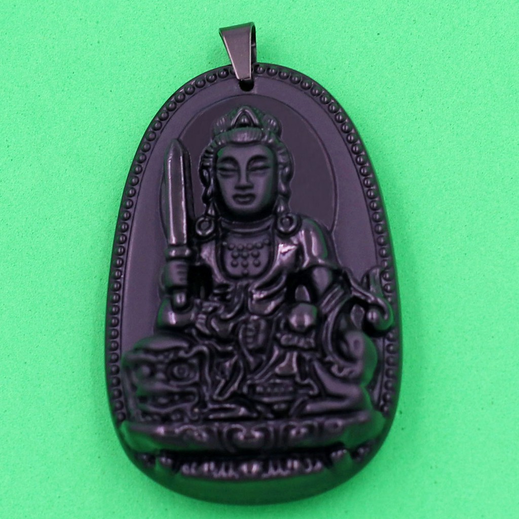 Mặt dây chuyền Văn Thù Bồ Tát Đá Tự Nhiên Đen 4.3cm - Phật bản mệnh tuổi Mão - Tặng kèm móc inox