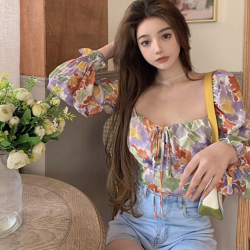 Áo Chiffon Nữ Tay Dài Cổ Vuông In Hoa Thời Trang