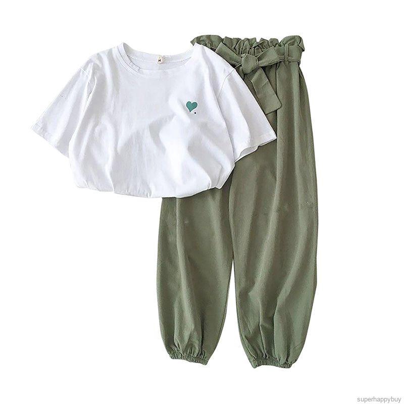 Set áo thun tay ngắn + quần dài màu trơn đơn giản thanh lịch thời trang cho nữ