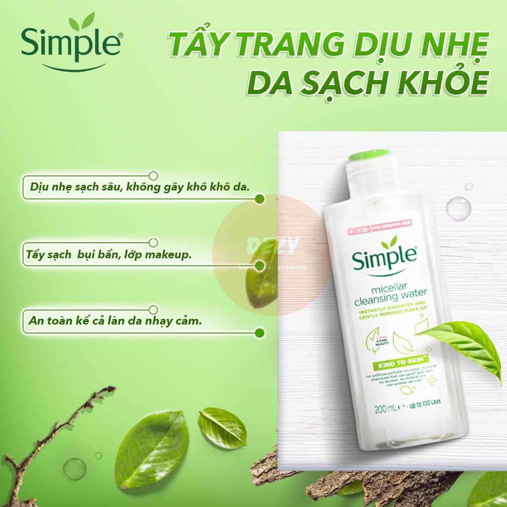 Combo Nước Tẩy Trang Simple Và Toner Nước Hoa Hồng Chính Hãng - Micellar Wtater + Toners Cho Da Dầu Mụn Skincare Dezy