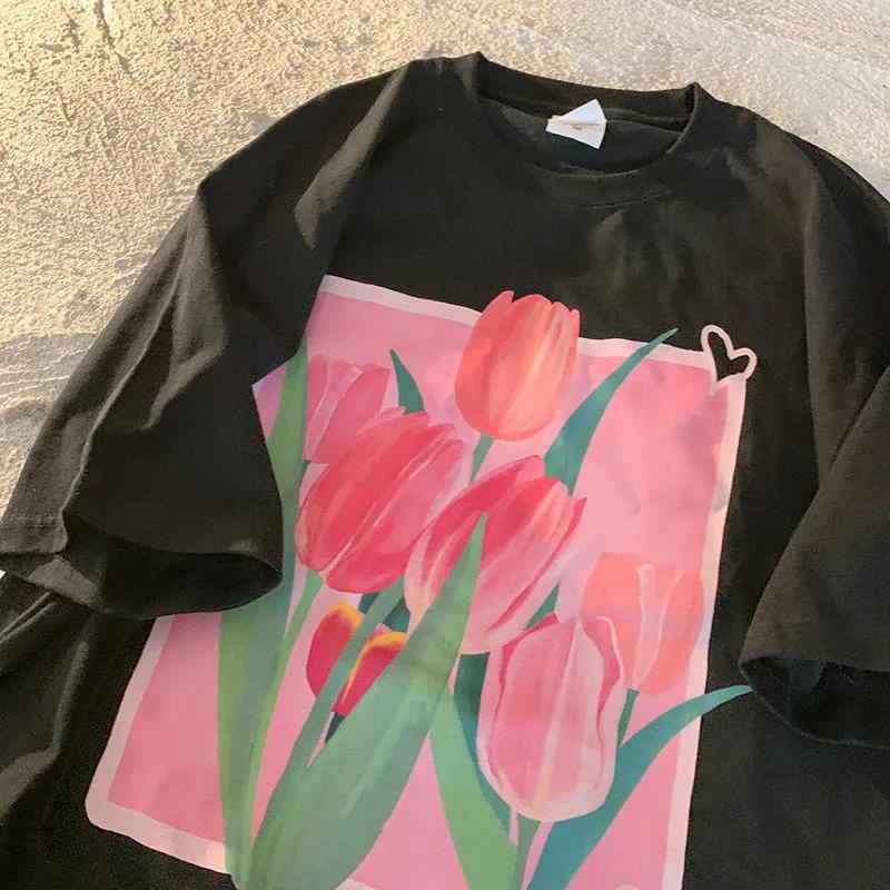 Plus Áo Thun Tay Ngắn Hoạ Tiết Hoa tulip Phong Cách retro