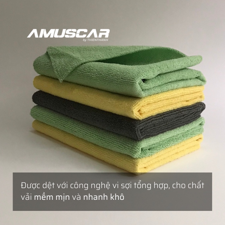 Khăn lau xe chuyên dụng PILE DOUBF AMUSCAR 100% Microfiber lau nội thất không viền mềm mịn không bụi vải