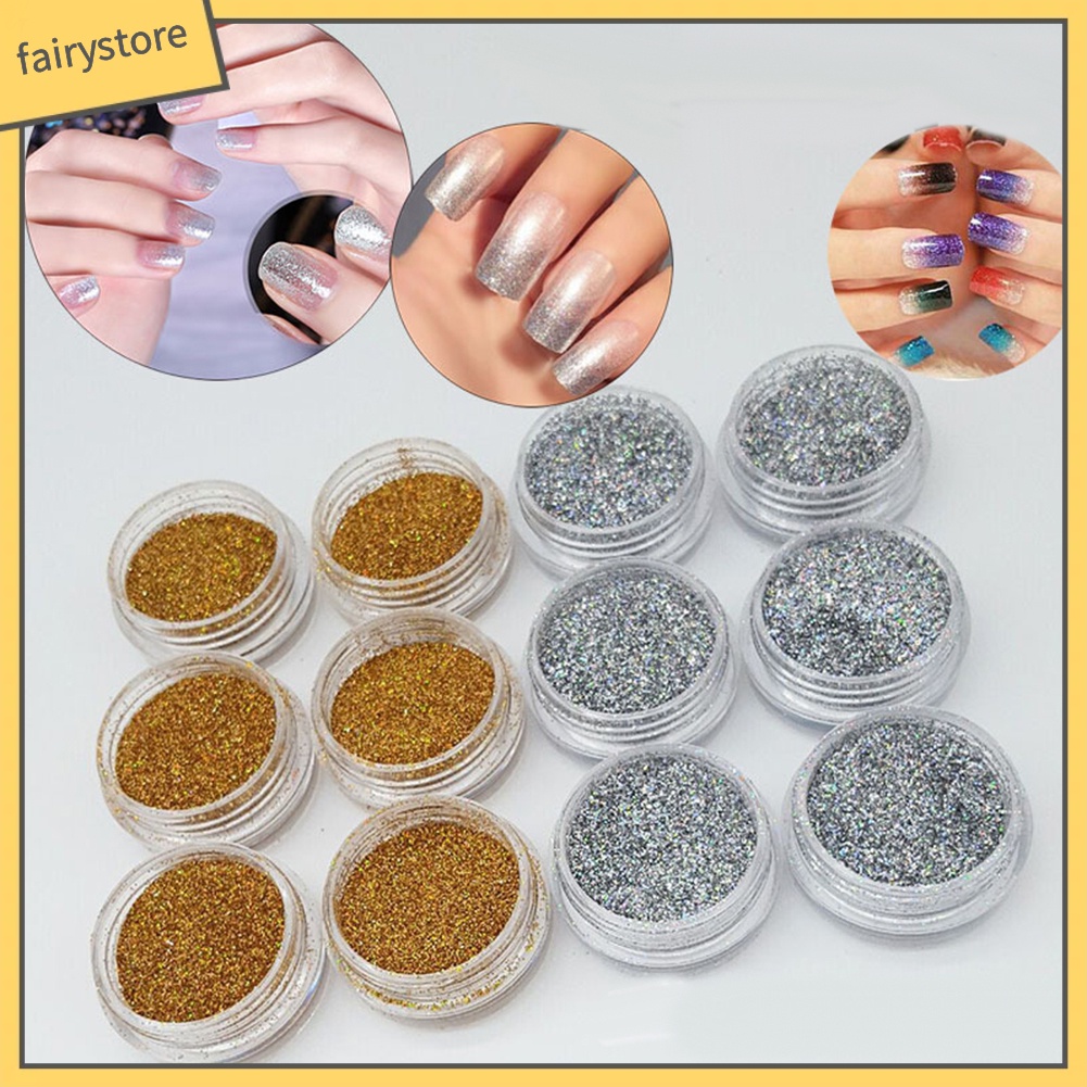 Set 12 hộp bột lấp lánh màu bạc vàng đồng trang trí móng nghệ thuật