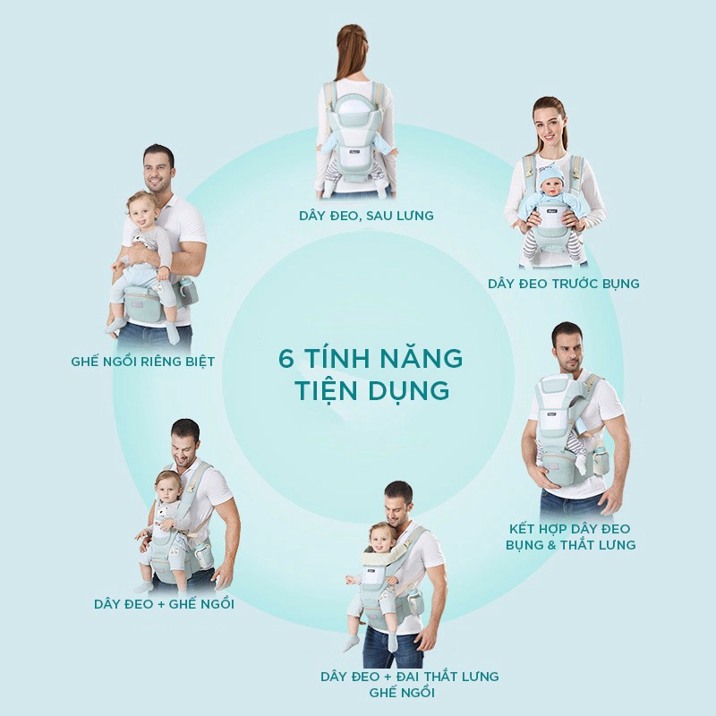 tuan081 Địu em bé 6 tư thế mềm mại thoáng khí chống gù lưng GD01 tuan081