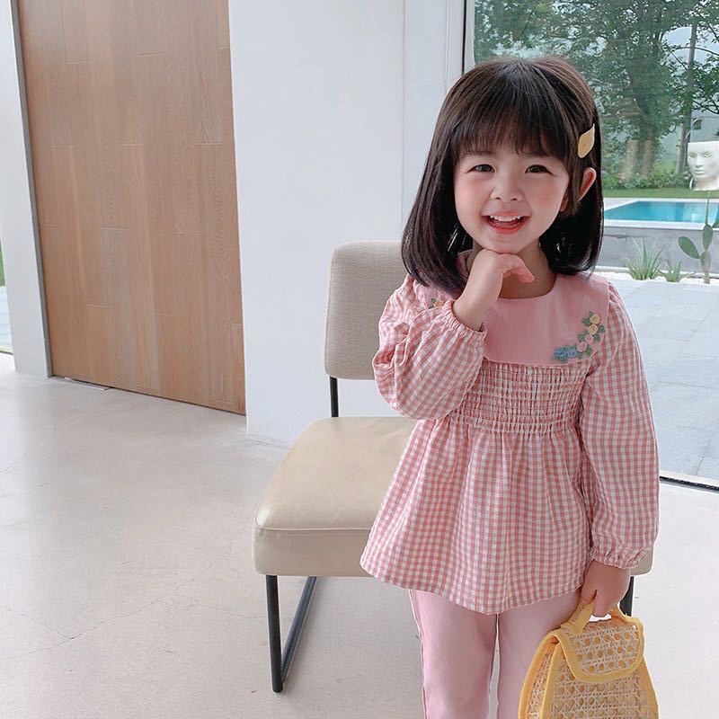 Set áo sơ mi caro dài tay thêu hoa cổ & quần nhiều màu cho bé gái  N00921