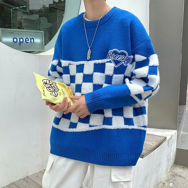 Áo Sweater Cổ Tròn Họa Tiết Sọc Caro Thời Trang Thu Đông Cho Nam