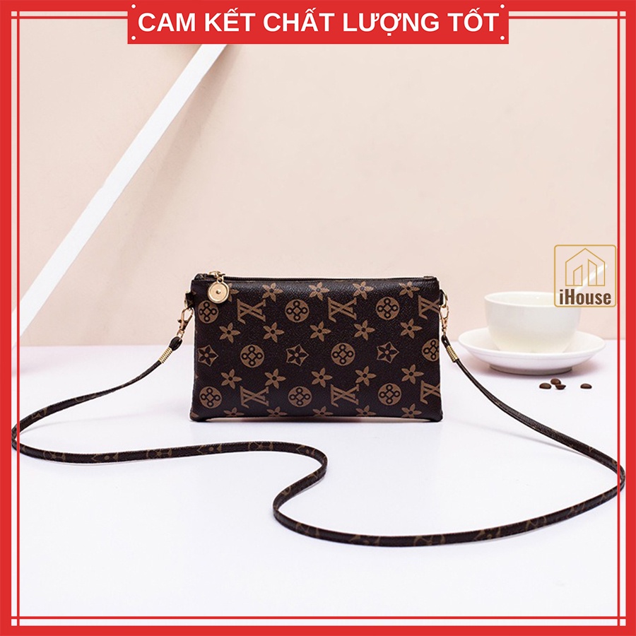 Túi ví ngang nữ có dây đeo vai giá rẻ, Cluth clutch ngang nữ để điện thoại màu nâu Cafe dây đeo nâu và đỏ