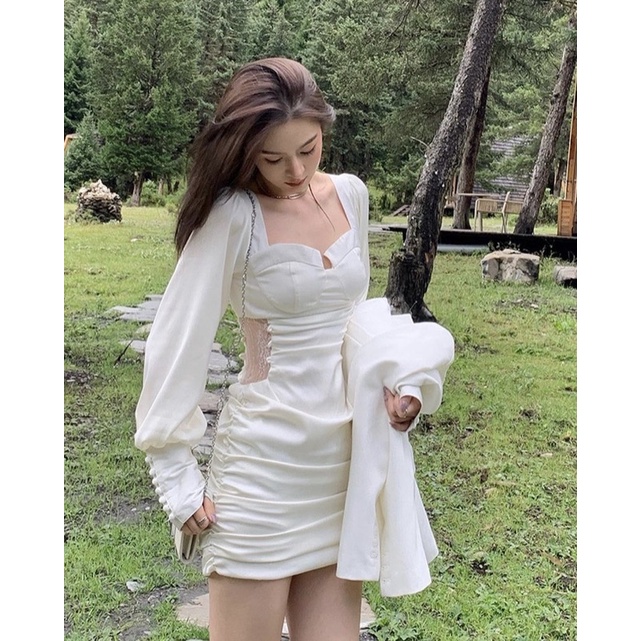 Váy body rút dây khoét eo tay dài cài cúc sang trọng