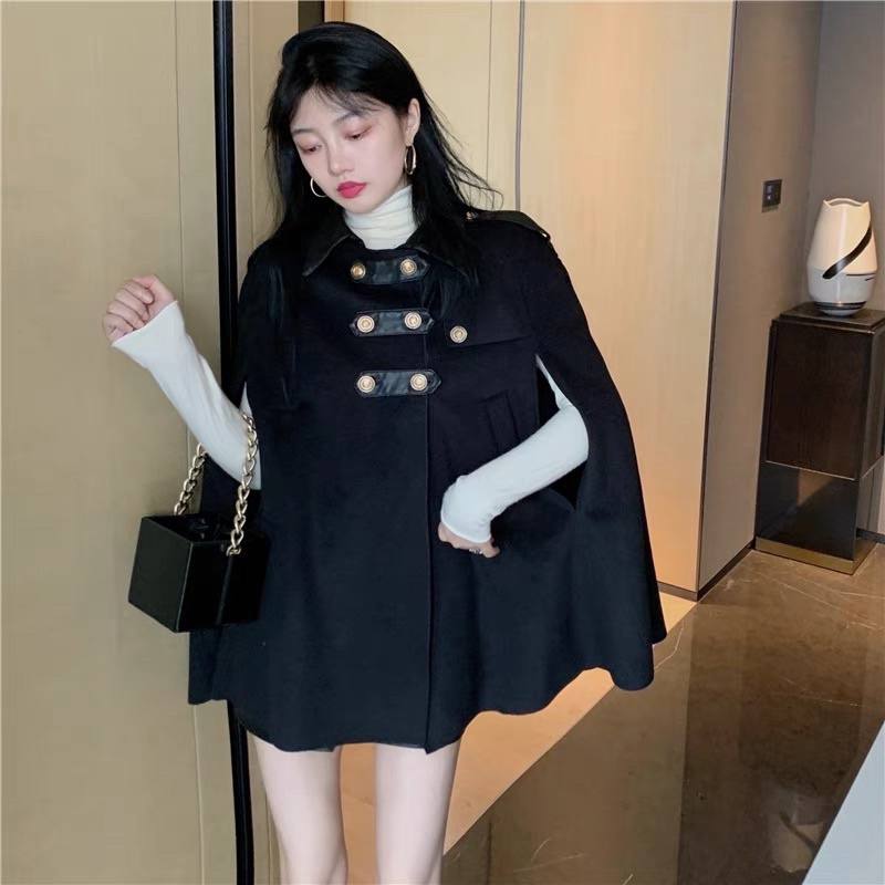 [Sẵn be] Áo khoác dạ cape choàng cổ đóng khuy phong cách sang trọng | BigBuy360 - bigbuy360.vn