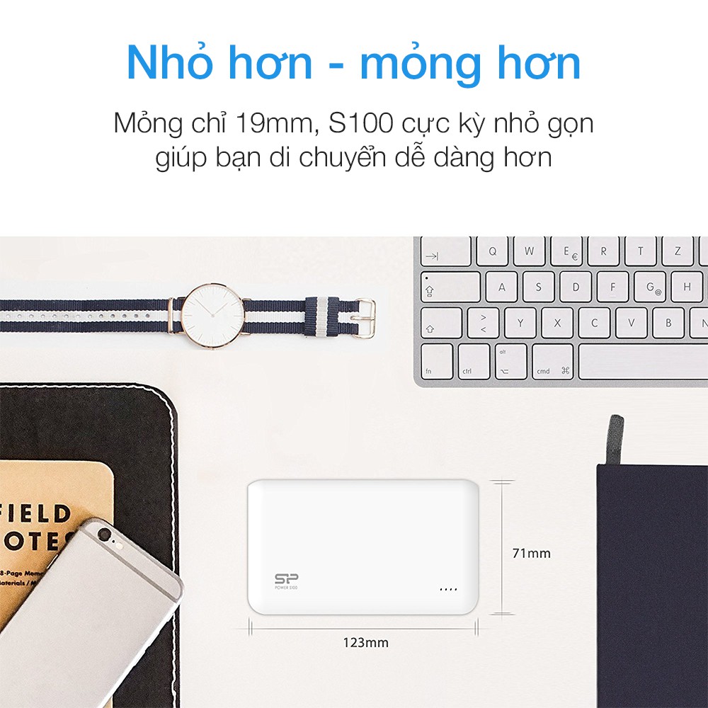 Pin sạc dự phòng Silicon Power S100 10000mAh hỗ trợ sạc nhanh 2.1A (Trắng) - Hãng phân phối chính thức