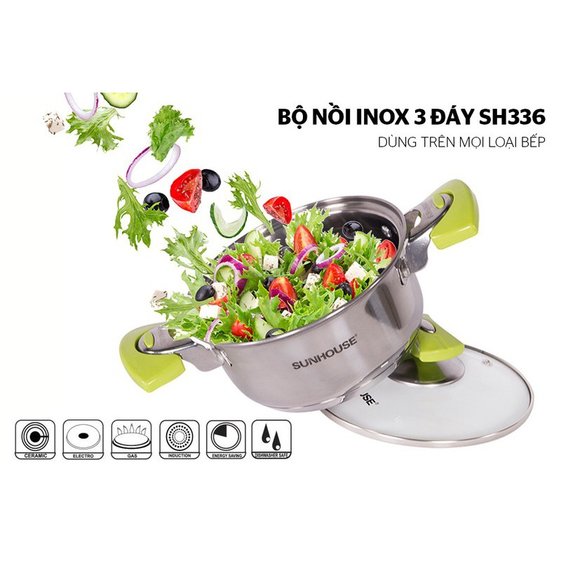 Bộ 3 nồi inox 3 đáy SUNHOUSE SH336 16-18-24cm