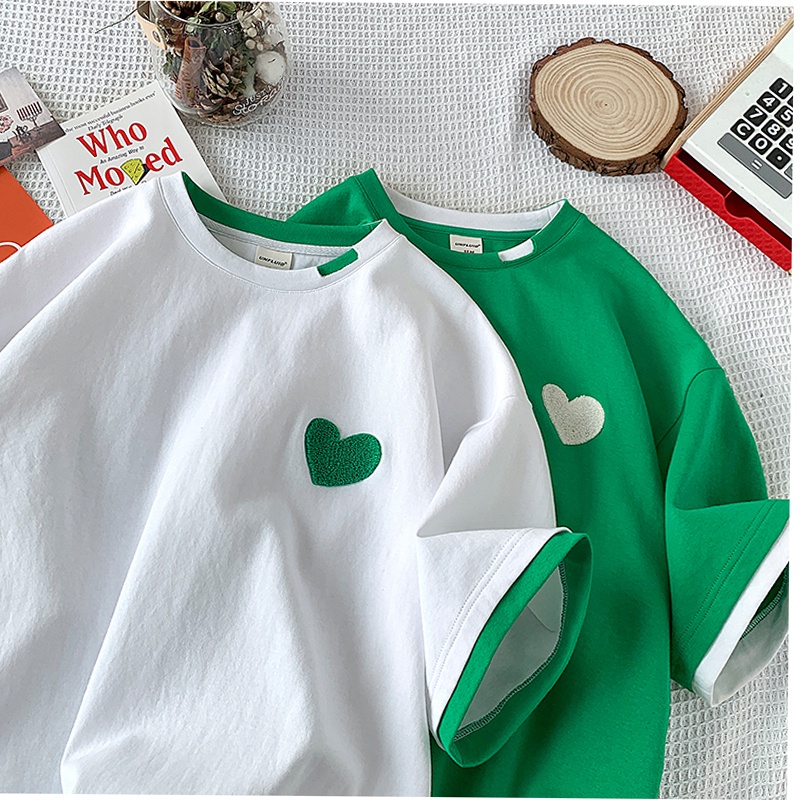 Áo thun tay lỡ nam nữ, áo phông unisex form rộng chất cotton mát mịn thấm hút mồ hôi thêu hình TRÁI TIM