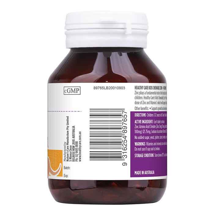 Viên nhai kẽm Healthy Care Zinc Vitamin C kẽm cho bé 60 viên từ 2 tuổi giúp bé tăng đề kháng hỗ trợ cho bé biếng ăn