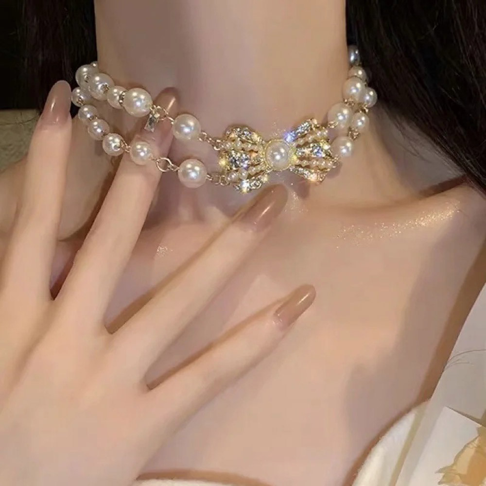 Vòng Cổ Choker Thiết Kế Hai Lớp Đính Nơ Hạt Ngọc Trai Thời Trang Nữ