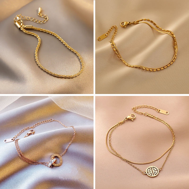 Vòng tay 100% titan nguyên chất mạ vàng 18K không gỉ kiểu dáng đơn giản thanh lịch phong cách thời trang hàn quốc